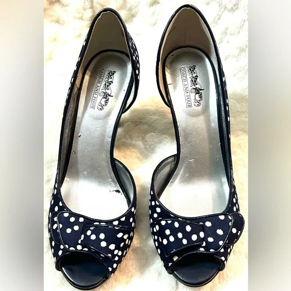 Coach and Four Navy white Polka dot  peep toe bow heels women’s size 7 - Picture 5 of 12